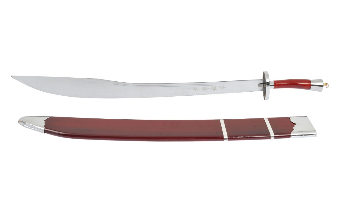 Kungfu tréninková široká šavle s pochvou, červená/stříbrná - ohebná