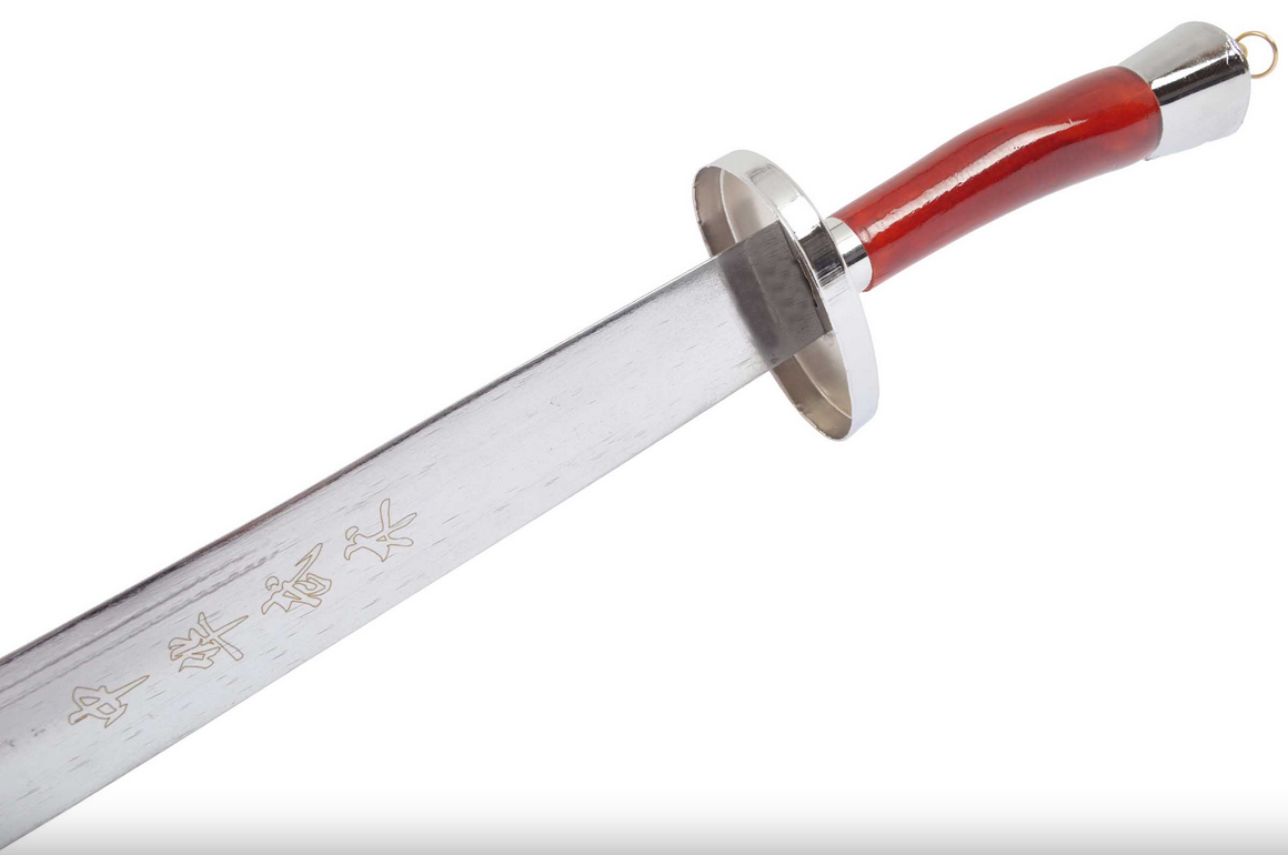 Kungfu tréninková široká šavle s pochvou, červená/stříbrná - ohebná