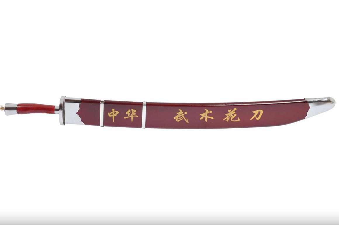 Kungfu tréninková šavle s pochvou, červená / stříbrná - částečně pružný